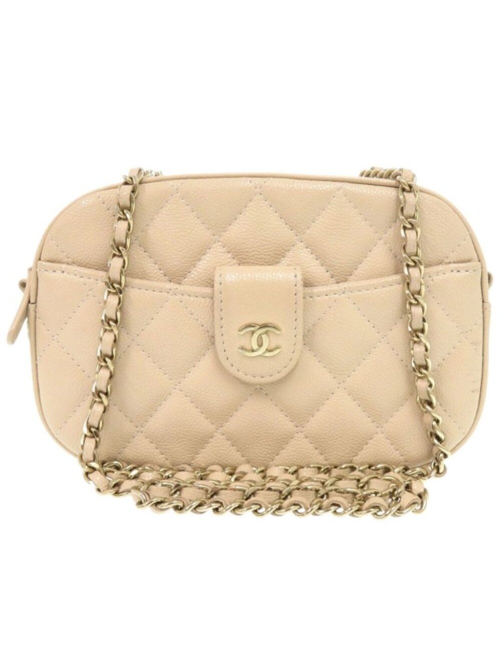 Chanel CC Logo Quilted Caviar Leather Gold Beige Chain Shoulder Bag